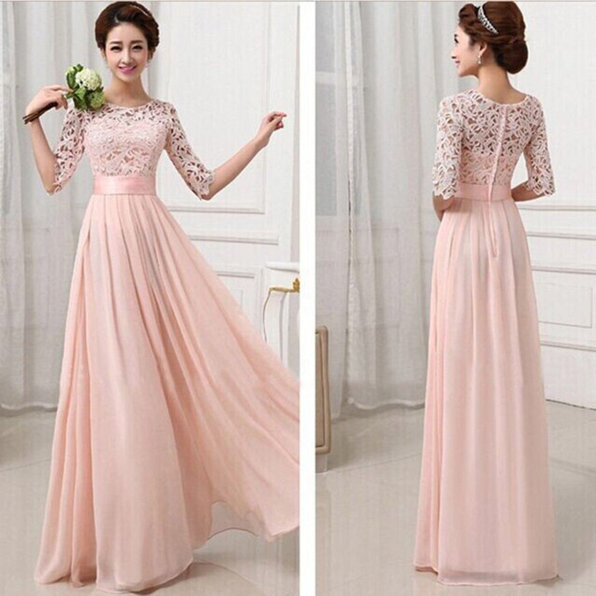 Lace Chiffon Patchwork High Waist Half Sleeves Long Party Dress