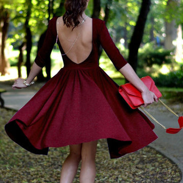 Backless Striped 3/4 Sleeves Knee-length Dress