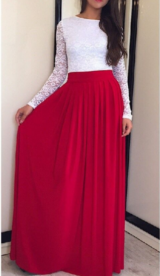 Lace High-waist Long Sleeves Pleated Splicing Long Dress