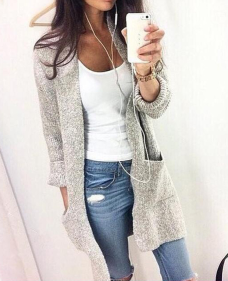 Fashion Long Cardigan Splicing Solid Color Sweater - Meet Yours Fashion - 2
