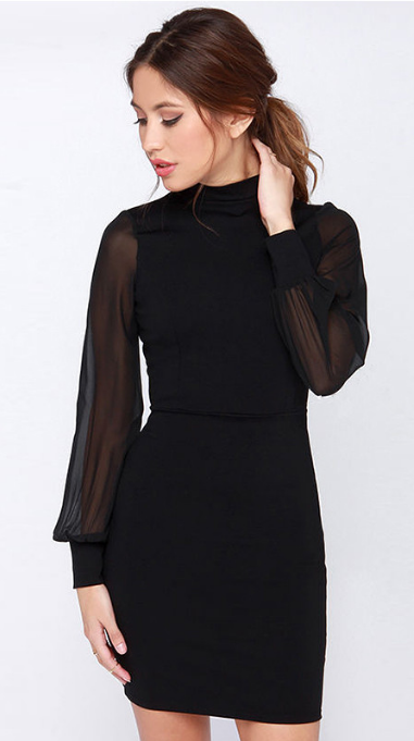 Slim Pure Color Splicing Backless Long sleeve Short Dress