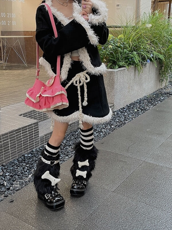 FASHION BLACK FURRY BONES GARTER LEG WARMERS