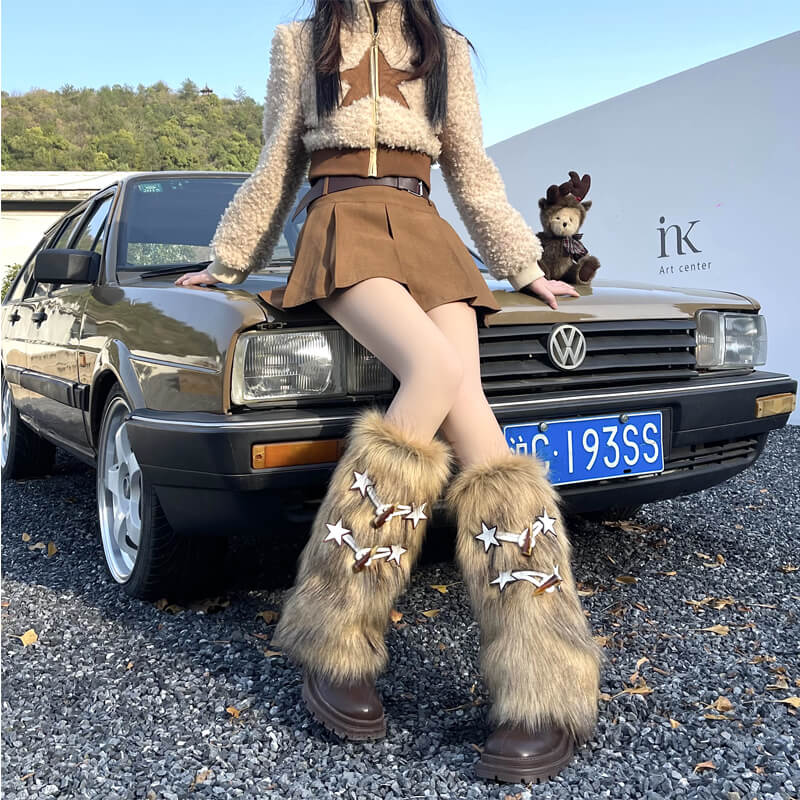 FASHION BROWN STARS BUCKLE FLUFFY LEG WARMERS