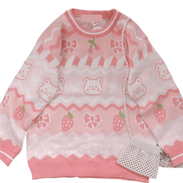 FASHION PINK STRAWBERRY BOW BEAR SWEATER