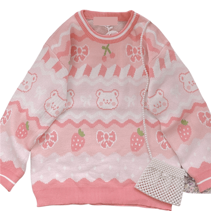 FASHION PINK STRAWBERRY BOW BEAR SWEATER