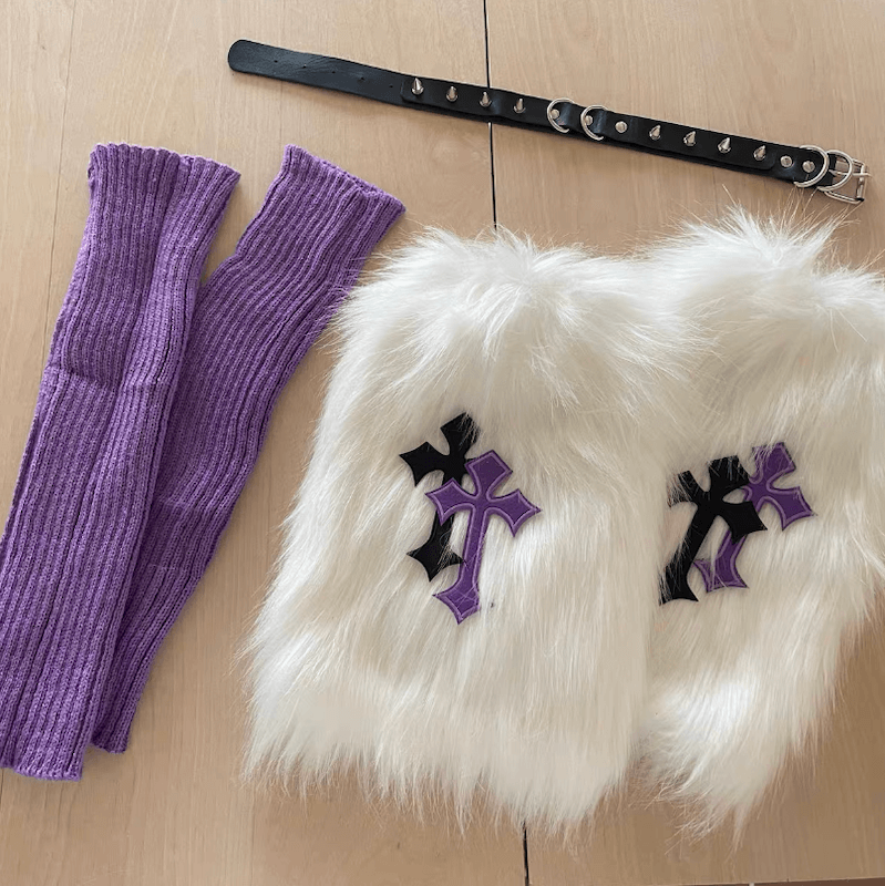 FASHION PURPLE CROSS FURRY GARTER LEG WARMERS