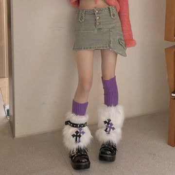 FASHION PURPLE CROSS FURRY GARTER LEG WARMERS