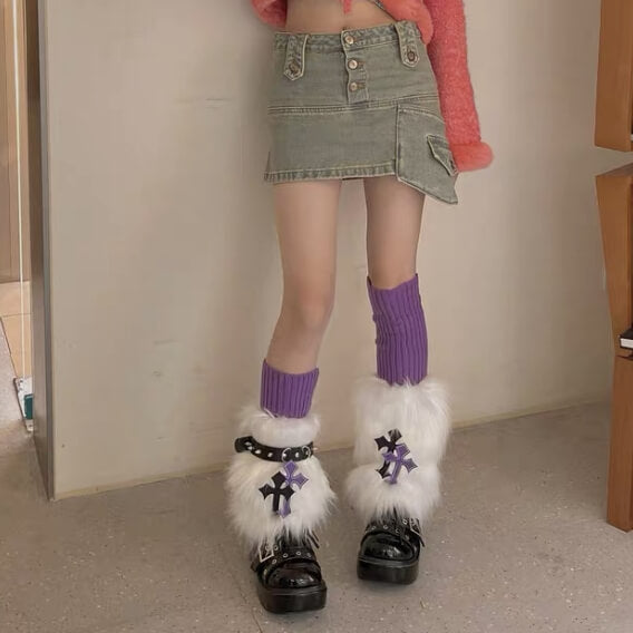 FASHION PURPLE CROSS FURRY GARTER LEG WARMERS