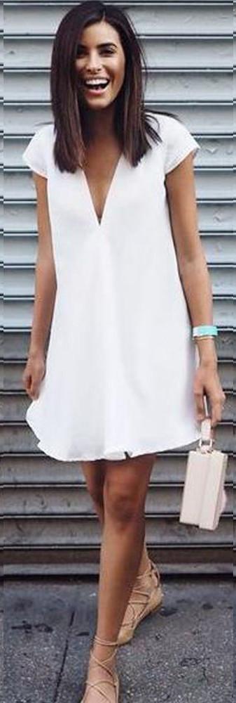 Sexy Pure Color V-neck Loose Plus Size Short Dress