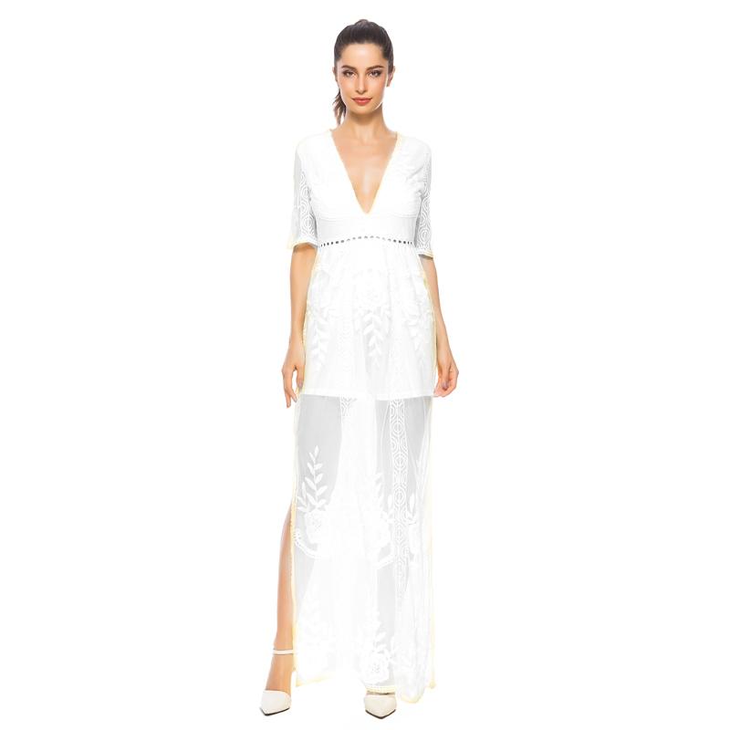 Lace V-neck Sleeveless Transparent Split Long Party Dress