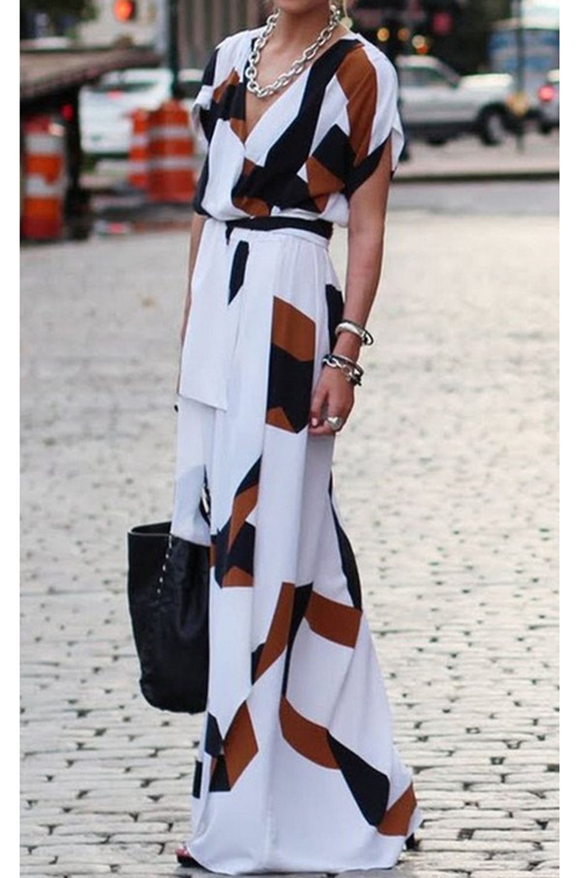 Deep V-neck Print Bohemian Irregular Split Long Dress