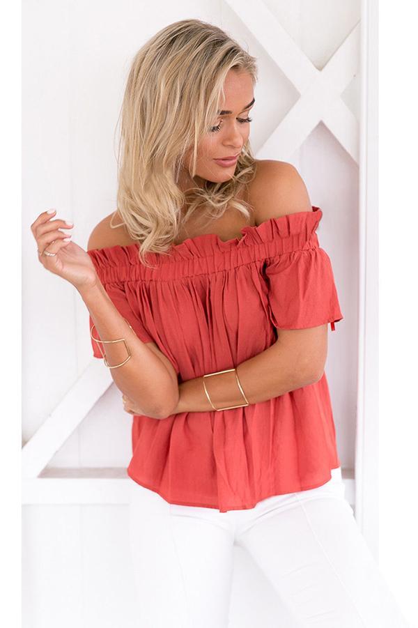 Falbala Ruffles Strapless Short Sleeves Solid Color T-shirt