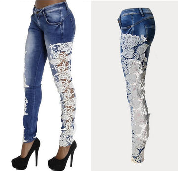 Lace Patchwork Hollow Skinny Straight High Waist Jeans
