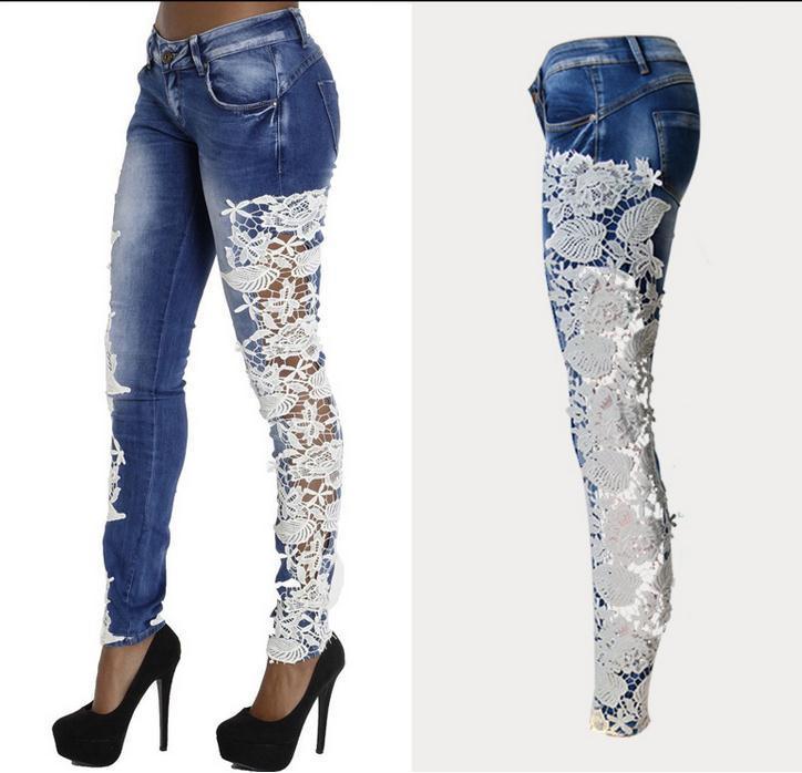 Lace Patchwork Hollow Skinny Straight High Waist Jeans