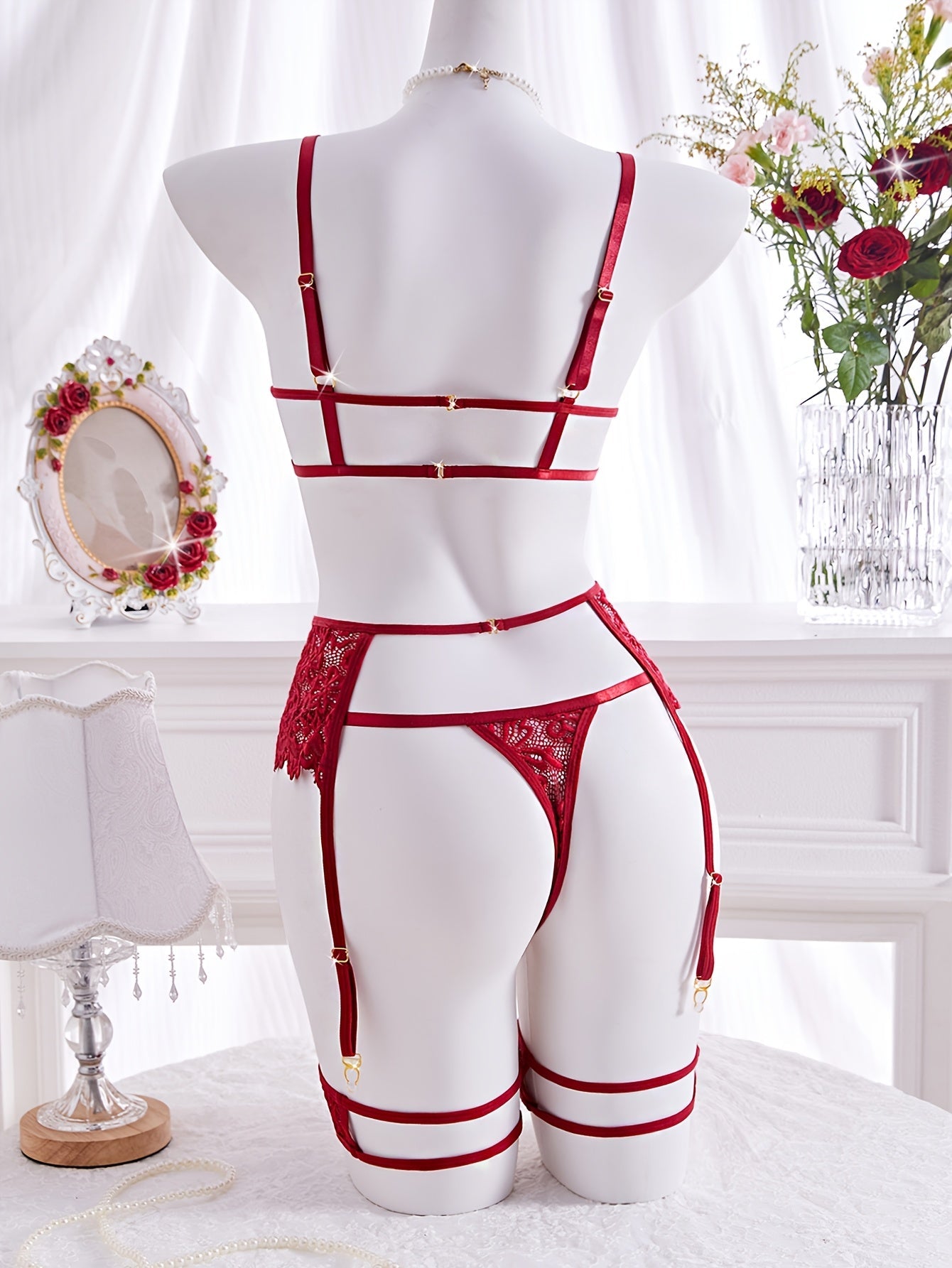 5PCS SET SOLID COLOR FLORAL HOMEWEAR SET GOLDEN CHAIN HOLLOW HALF-TRANSPARENT BRA GARTER THONG PANTIES WOMEN'S FASHION HOMEWEAR SET
