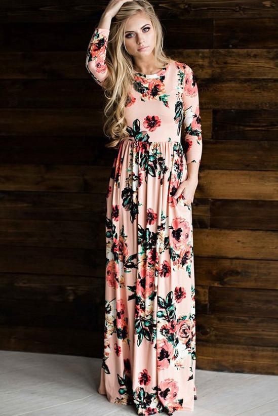 Flower Print 3/4 Sleeves and Short Sleeves High Waist Long Party Dress