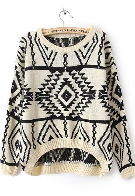 Geometric Argyle Long-Sleeved Loose Knit Scoop Pullover Sweater