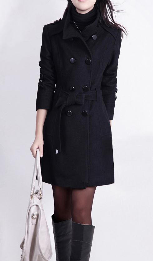 Stand Collar Double Button Belt Slim Plus Size Woolen Coat