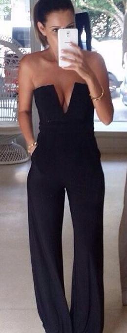 Strapless V-neck Slim Pure Color Flared Long Jumpsuit - Meet Yours Fashion - 1