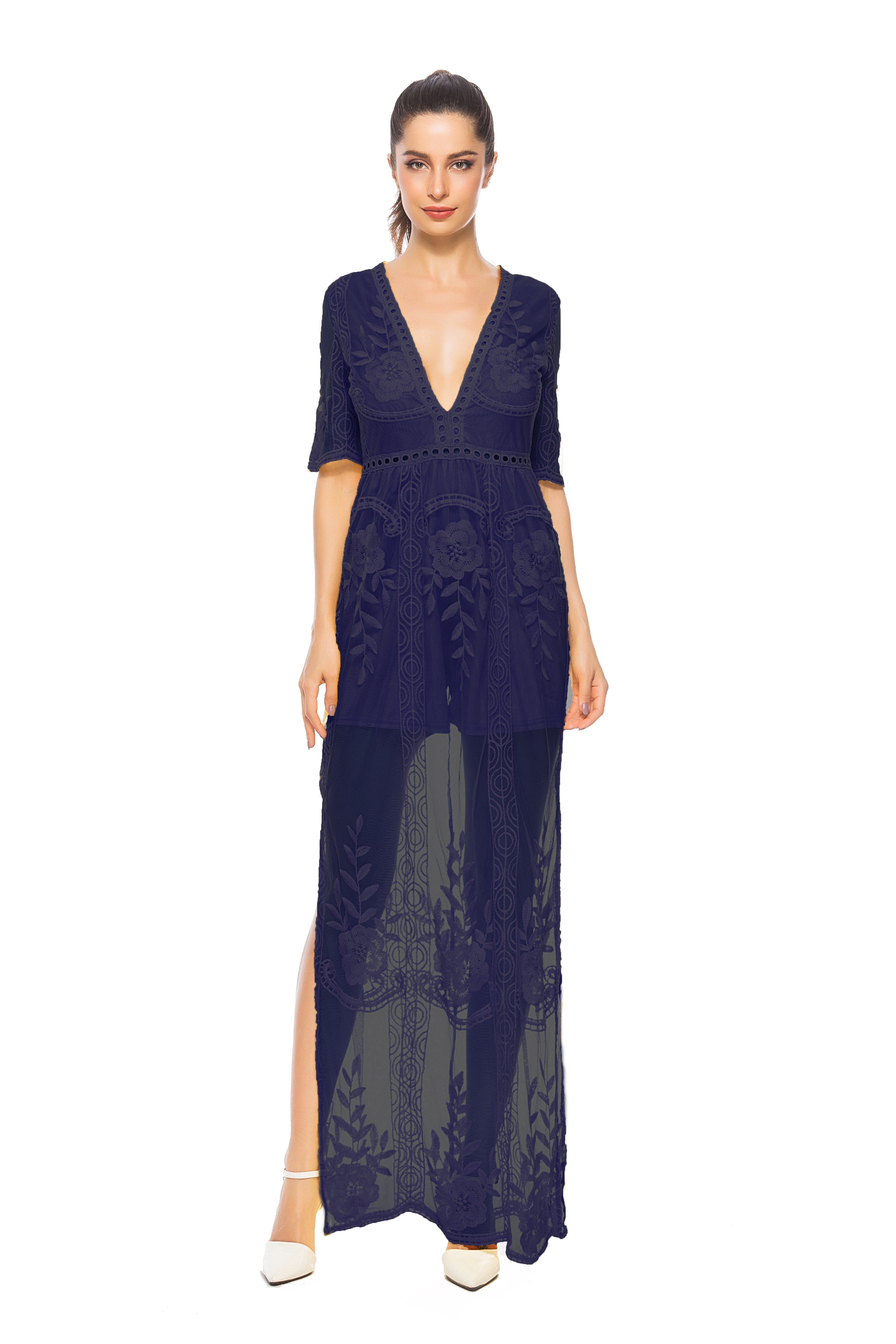 Lace V-neck Sleeveless Transparent Split Long Party Dress