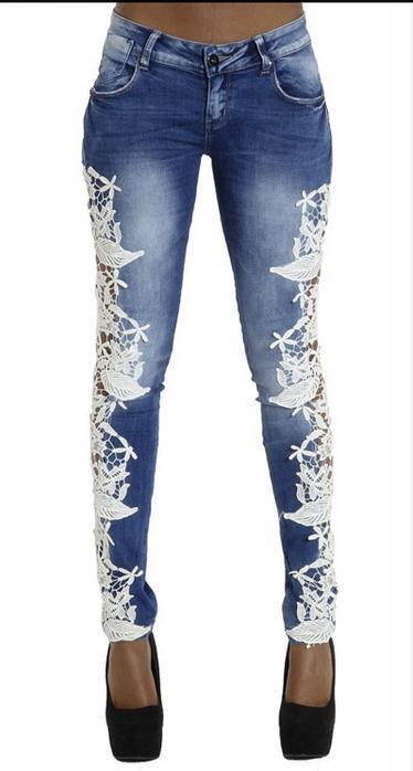 Lace Patchwork Hollow Skinny Straight High Waist Jeans