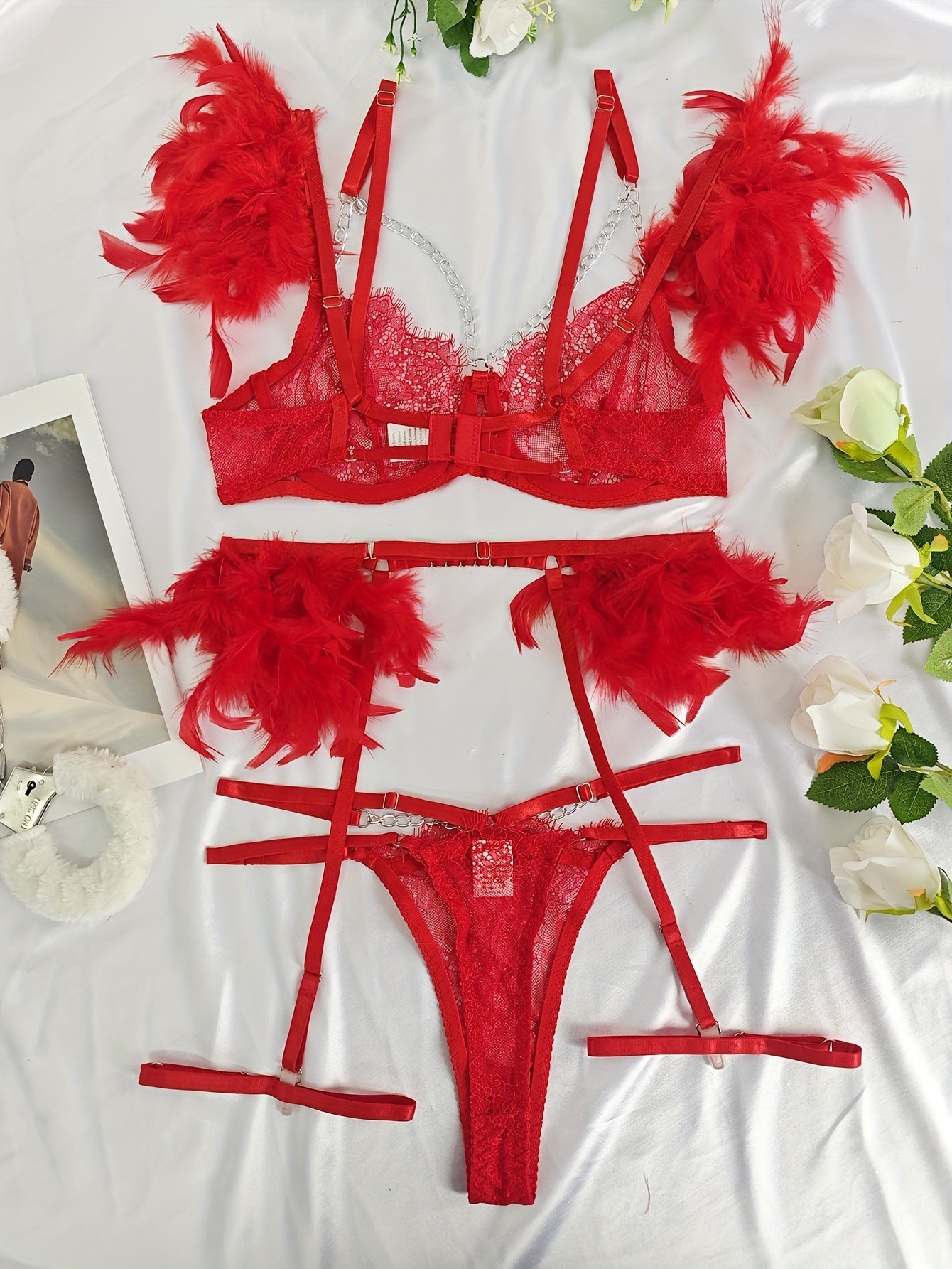 EUROPEAN AND AMERICAN FASHION LACE HOMEWEAR WITH CHAIN DETAIL SHEER BRA FOR WOMEN