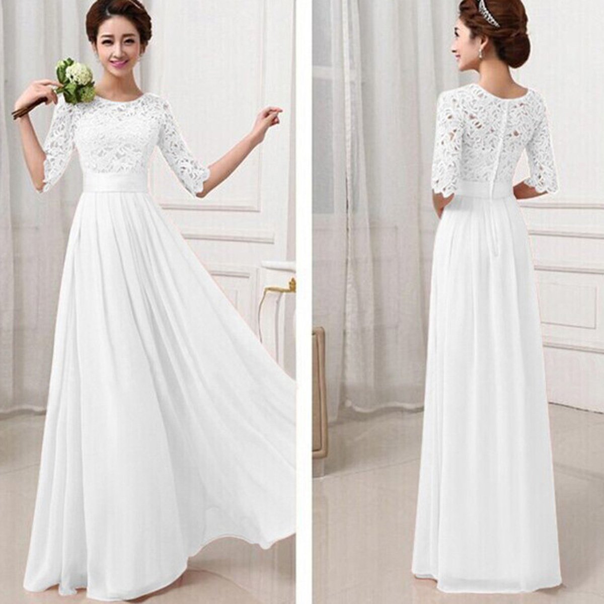 Lace Chiffon Patchwork High Waist Half Sleeves Long Party Dress
