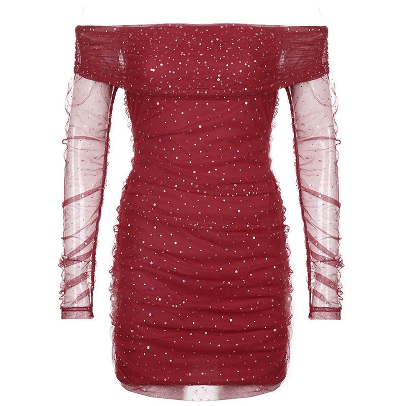 GLITTER MESH DRESS WOMEN'S OFF-SHOULDER PLEATED SLIM EVENING DRESS