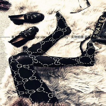 SPRING AND AUTUMN DOUBLE G PRINTED EMBROIDERED BLACK SILK LETTER TIGHTS
