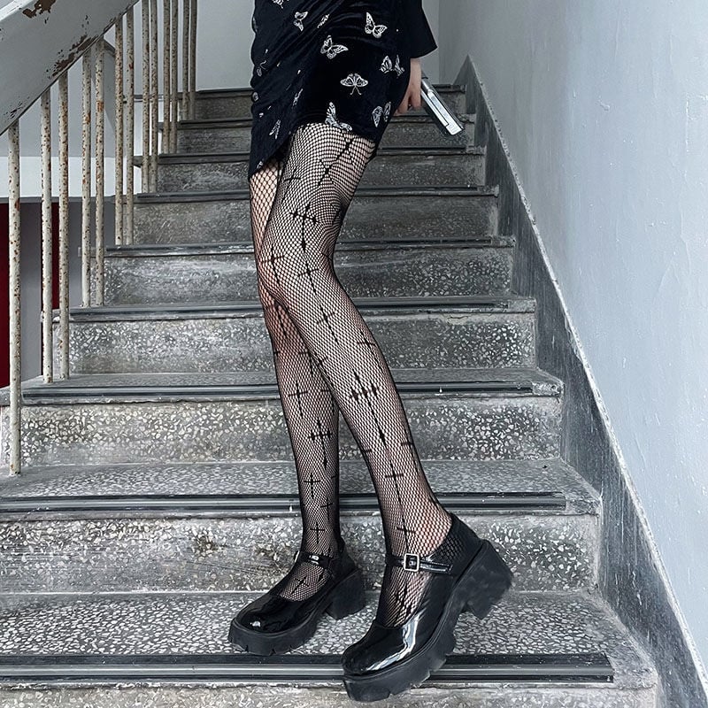 HOLLOW FISHNET SOCKS JK BLACK SILK THIN LEGS THIN CROSS STOCKINGS