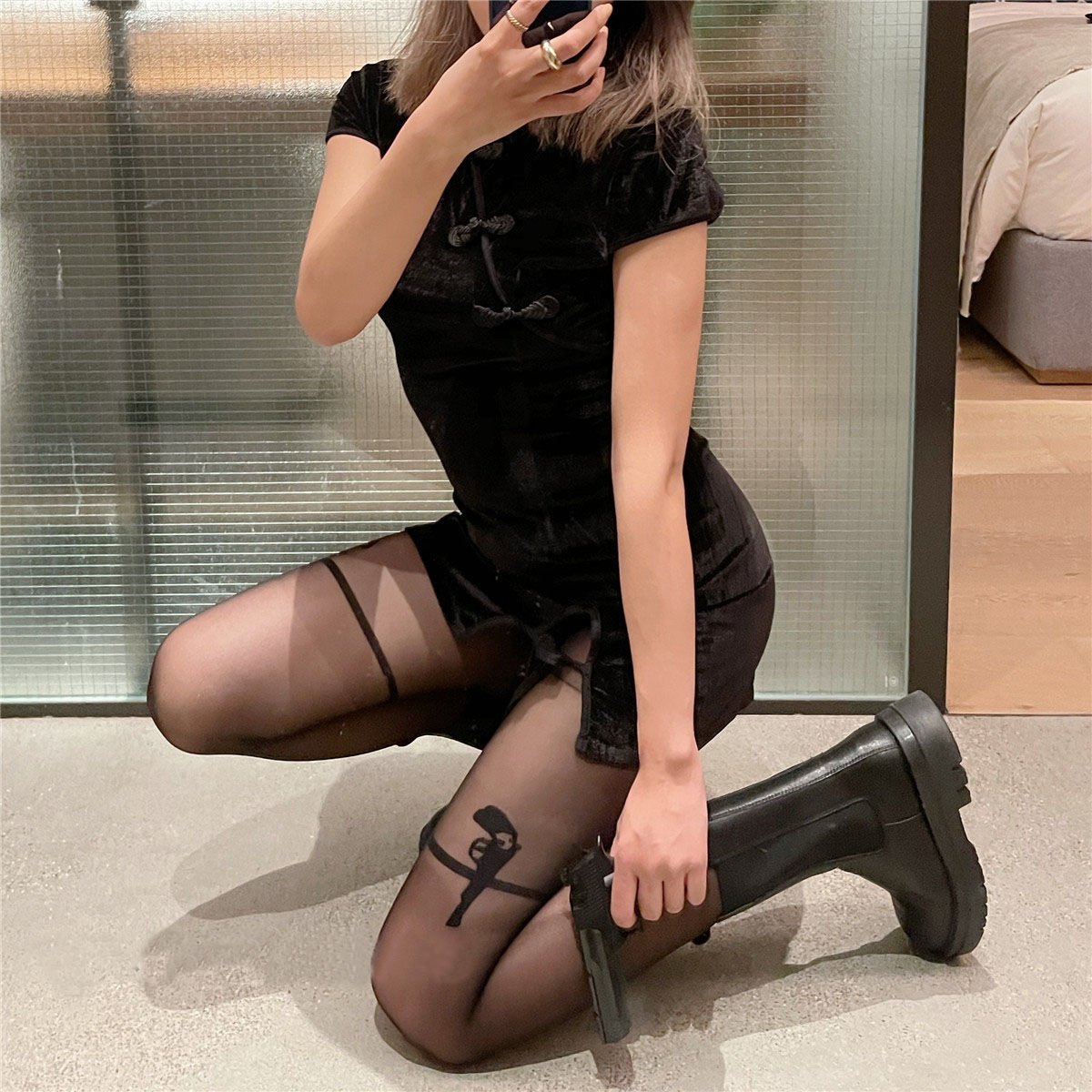 DARK STOCKINGS FASHION PISTOL STRAP SPRING AND SUMMER THIN STITCHING FAKE HIGH TUBE PANTYHOSE COS NIGHTCLUB STYLE STOCKINGS