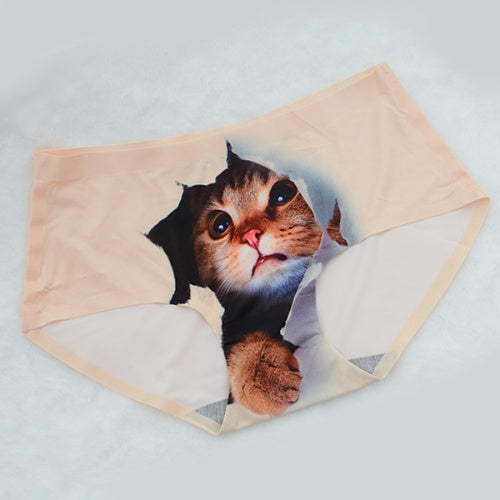 3D KITTY MEOW CAT HEAD ICE SILK SEAMLESS HIP-UP GIRL PANTIES