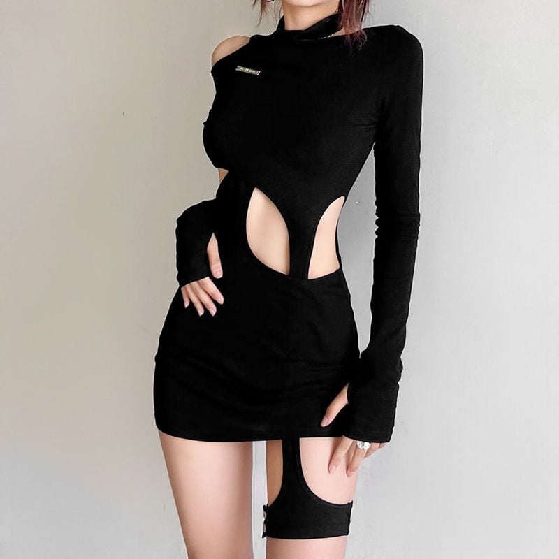 STITCHED SOLID LONG SLEEVE DRESS CUT OUT SLIM FIT TWO PIECE PULLOVER HIP DRESS