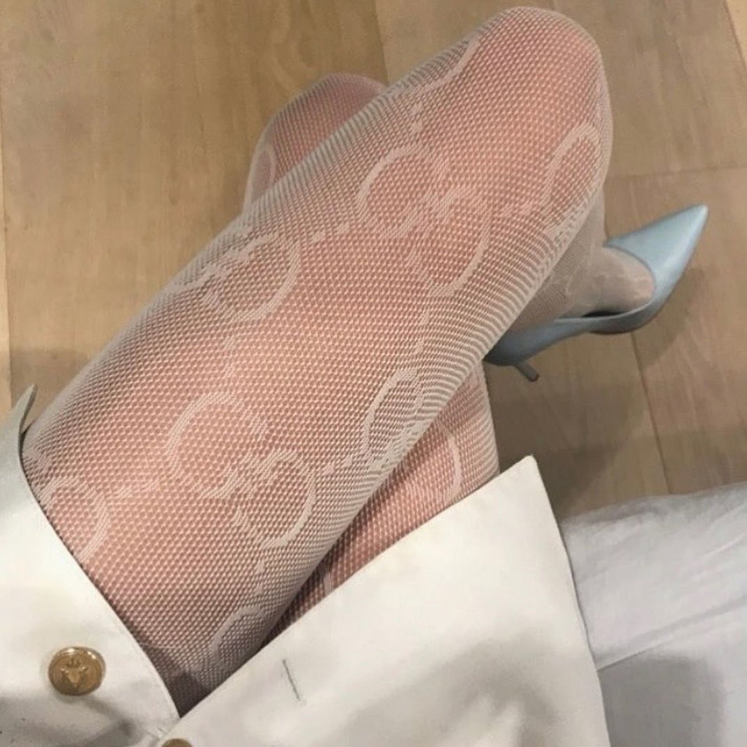DOUBLE BIG G LETTER MESH HOLLOW LACE STOCKINGS FASHION PANTYHOSE