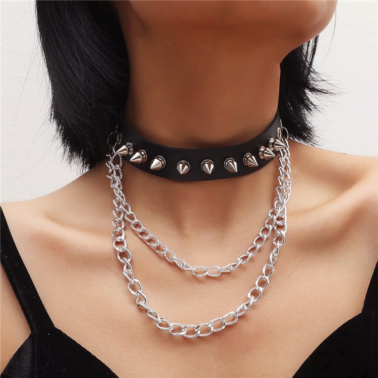 PUNK ROCK GOTHIC RIVET POINTED LEATHER NECKLACE NECKLACE PERSONALITY FASHION STREET METAL CHAIN NECK STRAP CLAVICLE CHAIN