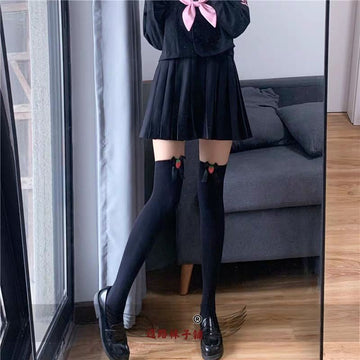 JK SOCKS LOVELY HIGH TUBE KNEE SOCKS STRAWBERRY BOW VELVET BEAUTIFUL LEG LOLITA SILK STOCKINGS