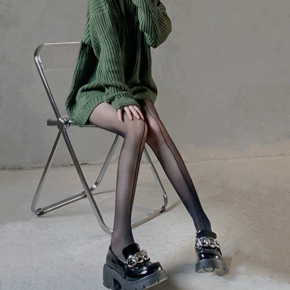 FASHION BLACK INVISIBLE STRAIGHT LINE JK BLACK SILK PANTYHOSE