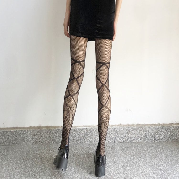 BOW TIE FISHING NET SOCKS JK BLACK SILK FASHION HOLLOW ONE-PIECE PANTYHOSE