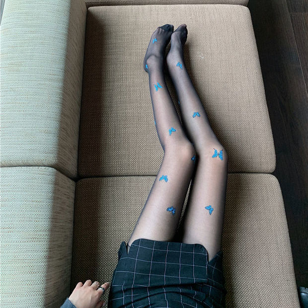 BLUE BUTTERFLY BLACK SILK FASHION PANTYHOSE
