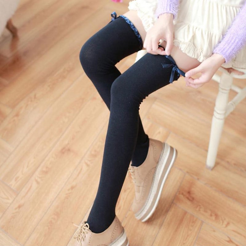SPRING AND AUTUMN JAPANESE CUTE LOLI WAVE LACE RIBBON BOW STOCKINGS OVER THE KNEE HIGH STOCKINGS COTTON BOTTOMING SOCKS