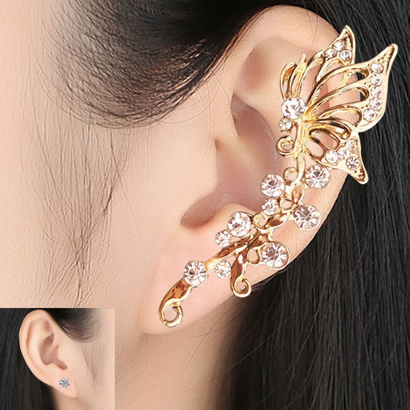 EARBONE CLIP FEMALE EARRINGS SUPER FAIRY RHINESTONE BUTTERFLY EARBONE CLIP EXAGGERATED EAR CLIP