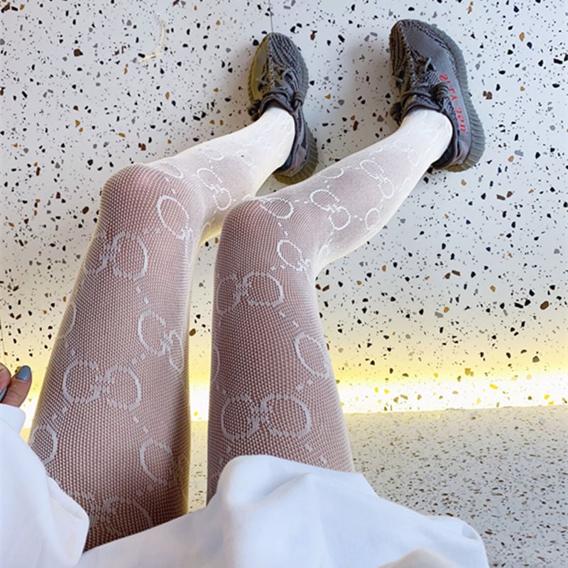 DOUBLE BIG G LETTER MESH HOLLOW LACE STOCKINGS FASHION PANTYHOSE