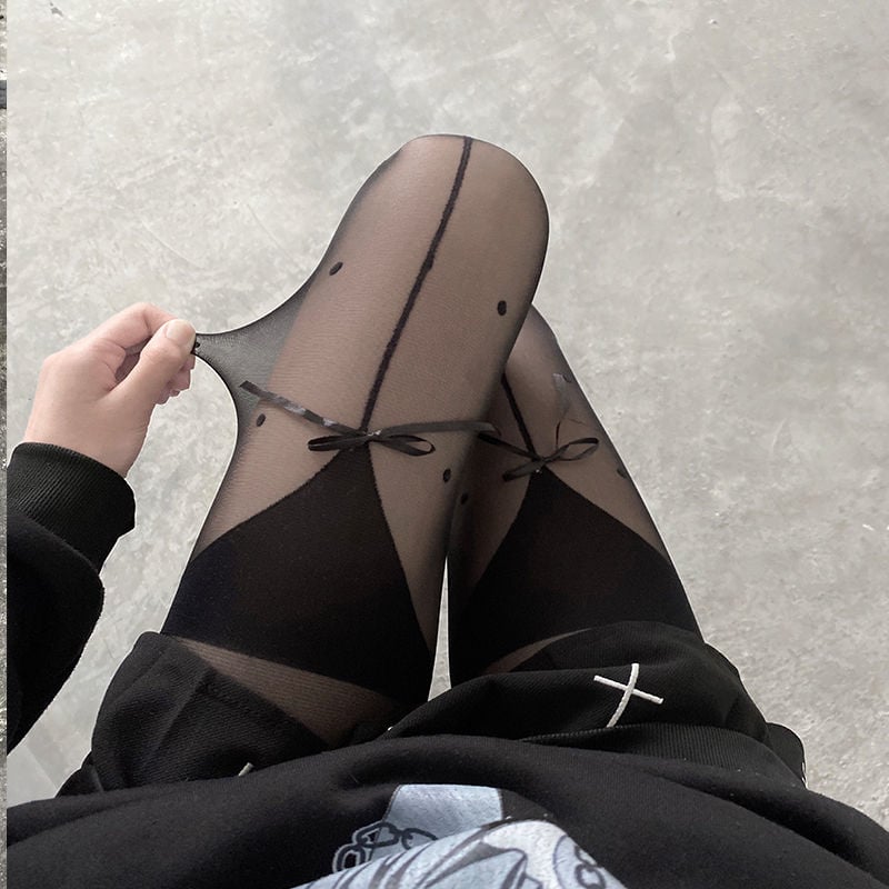 JK FAKE STITCHING BOWKNOT POLKA DOT BLACK STOCKINGS PANTYHOSE