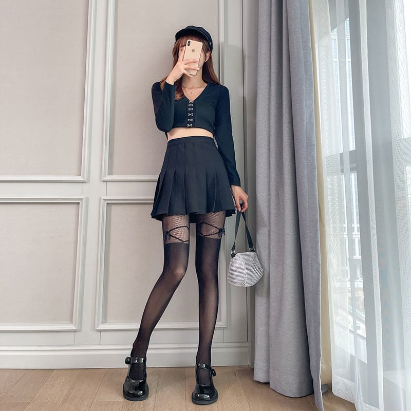 TIE BOW STITCHED FISHING NET SILK STOCKINGS THIN LEG JK LAURIE FASHION BLACK PANTYHOSE