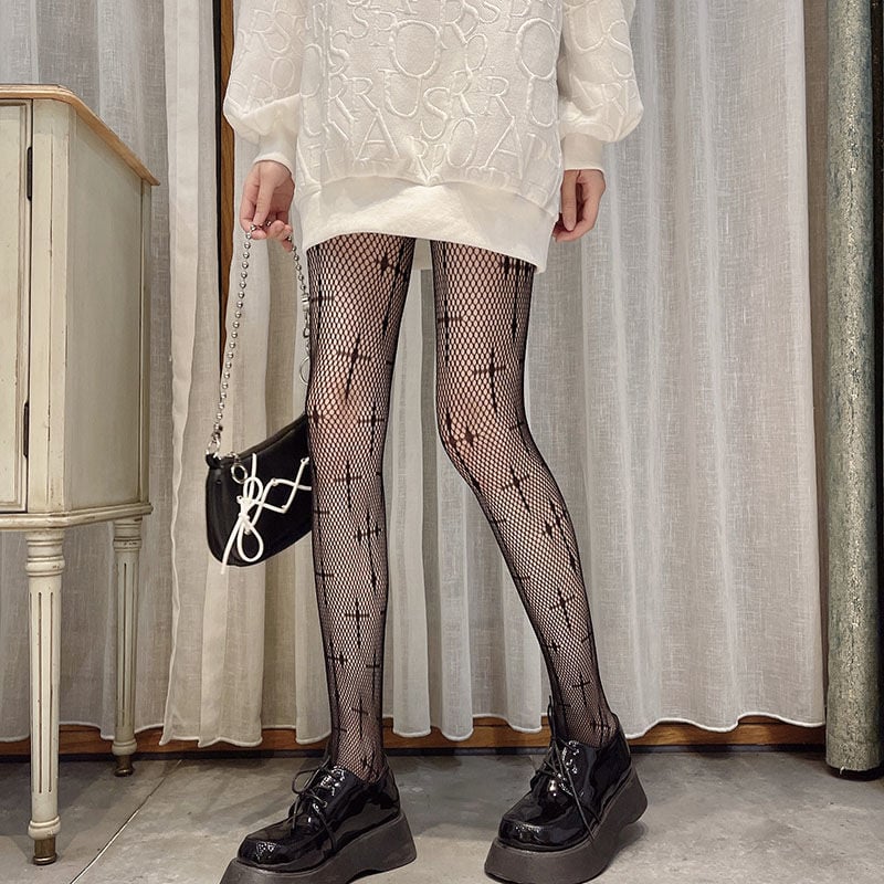 DARK CROSS HOLLOWED OUT FISHING NET SOCKS JK BLACK SILK THIN LEG SILK SOCKS