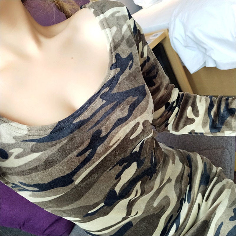 FASHION NIGHTCLUB LOW CUT TREND CAMOUFLAGE PRINTED LONG SLEEVE DRESS