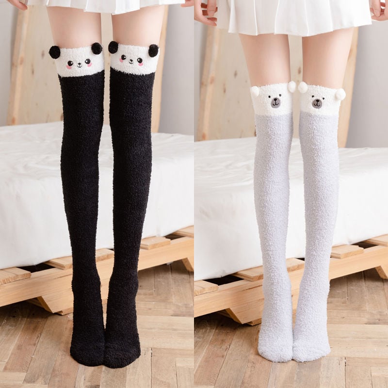 WINTER WARM KNEE THICK SOCKS FEMALE CORAL FLEECE WINTER LONG TUBE WAS THIN JK STUDENT CUTE BEAR HIGH TUBE SOCKS