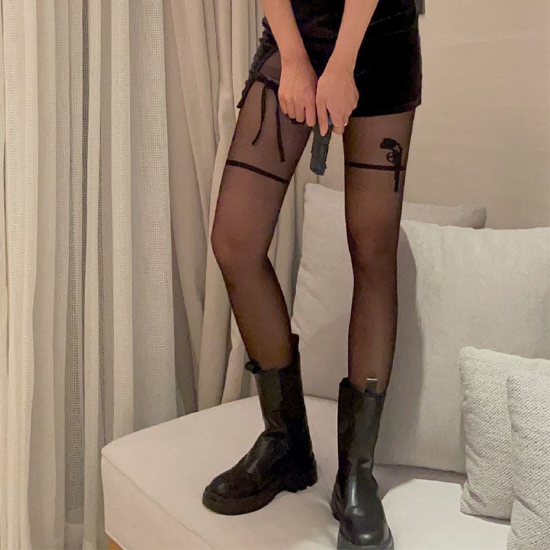DARK STOCKINGS FASHION PISTOL STRAP SPRING AND SUMMER THIN STITCHING FAKE HIGH TUBE PANTYHOSE COS NIGHTCLUB STYLE STOCKINGS