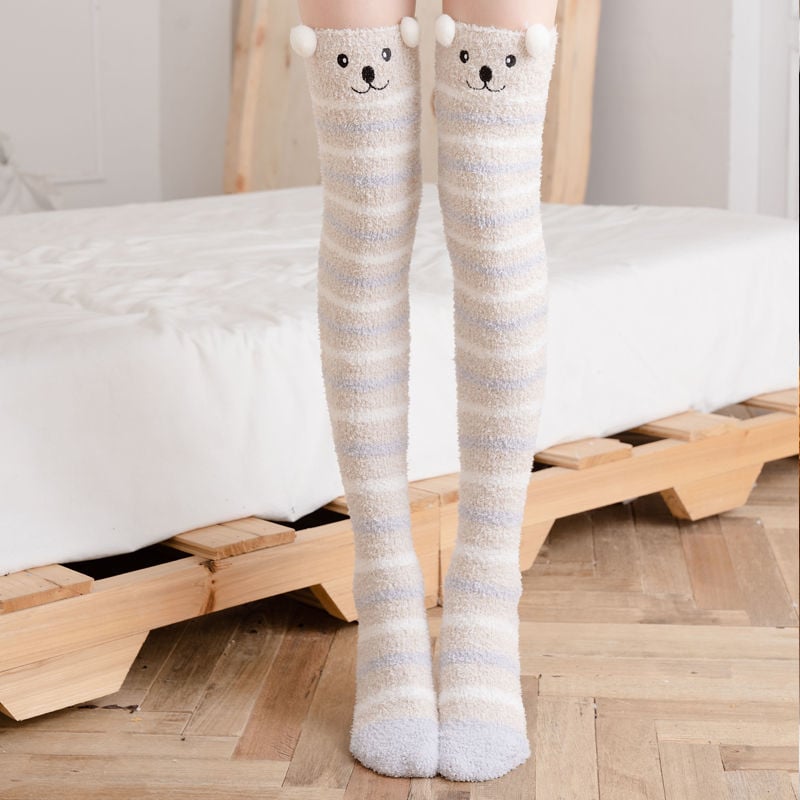 WINTER WARM KNEE THICK SOCKS FEMALE CORAL FLEECE WINTER LONG TUBE WAS THIN JK STUDENT CUTE BEAR HIGH TUBE SOCKS