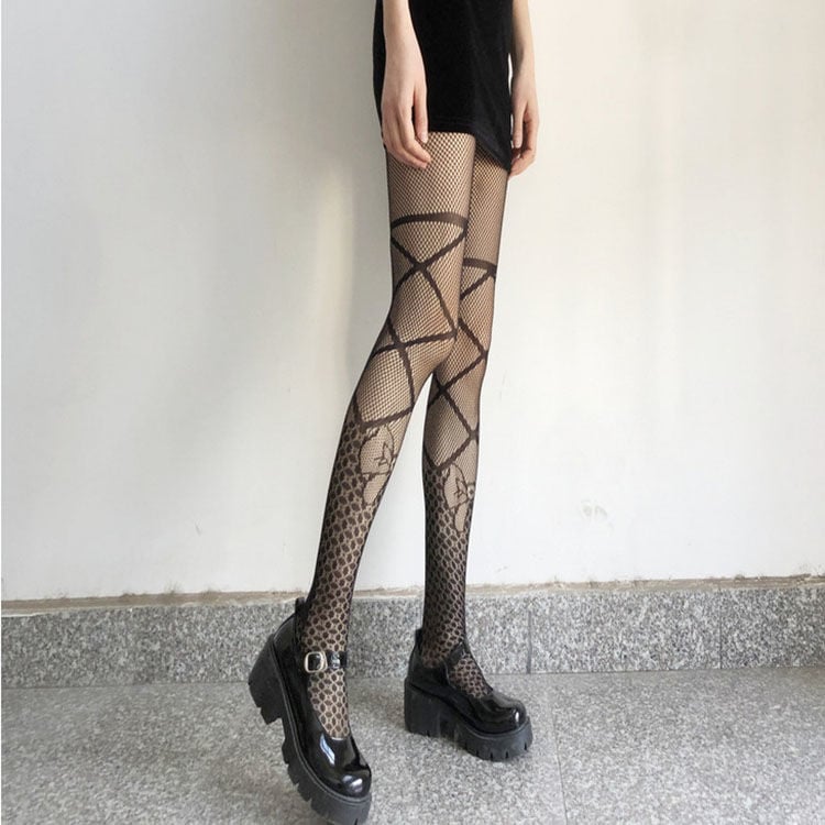 BOW TIE FISHING NET SOCKS JK BLACK SILK FASHION HOLLOW ONE-PIECE PANTYHOSE